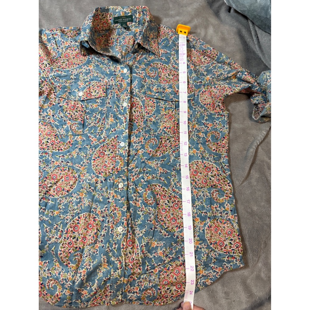 RALPH LAUREN 90's Y2K Size Small Petite Paisley Blue Pocket Shirt Vintage Collar - Picture 5 of 7